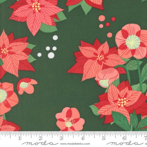 Lizzy House Tiny Christmas Moda Fabric quilt cotton dark green background large pink and red poinsettias star flower pink white and red different sized dottie dots