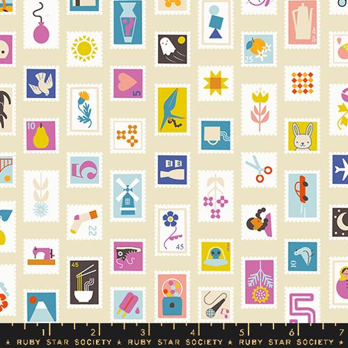 Novelty Salutations Rashida Coleman Hale Ruby Star Society Moda Fabrics Cotton Quilt garment bags parchment cream background stamps of people place and things in lots of colors
