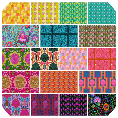 Anna Maria Horner Brave Pre-Order Fat Quarter bundle bell flowers floral geometic pink blue turquoise green yellow quilt weight fabric Freespirit Fabrics