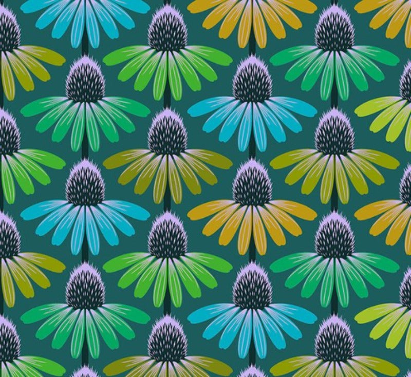 Echinacea Grape by Anna Maria Horner pine green background with turquoise lime sage mustard yellow flowers and dark green centers quilt weight cotton Freespirit fabrics