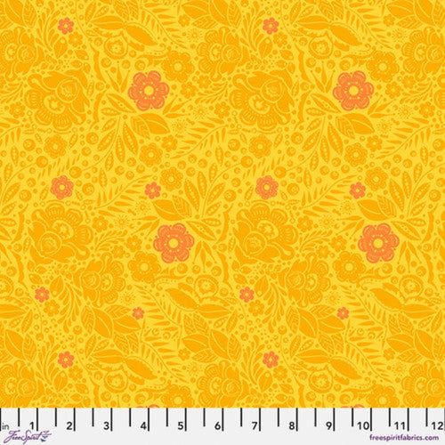 Anna Maria Horner Love Always Lace Mango golden yellow lacey flower design tone on tone with pops of orange Freespirit fabrics 