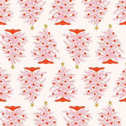 Holly Jolly by Dear Stella cotton quilt fabric Christmas Holiday Vintage Retro style pink trees on white