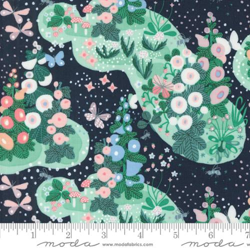 Love Letter LIzzy House Moda Fabrics quilting cotton main print foxgloves bees butterflies garden path sweet pink yellow white blooms green grass and foliage nature fairy garden peacoat navy blue