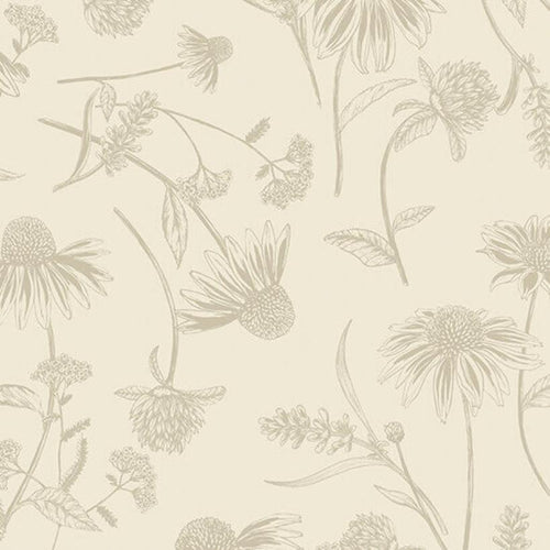 Bee Haven Coneflower Natural tone on tone cream background flower and leaves stems quilt cotton Benartex fabric Rachel Rossi