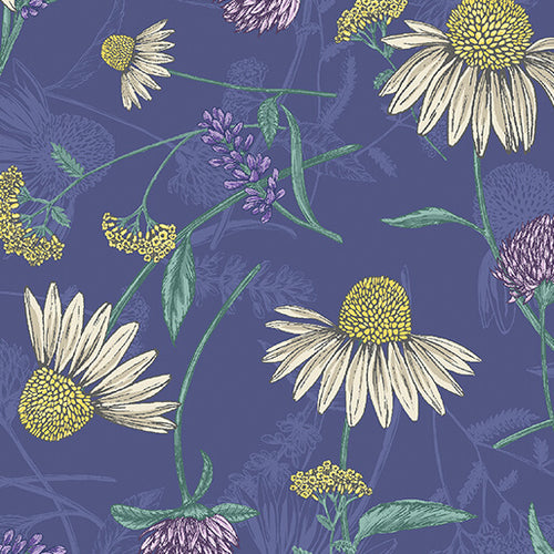 Bee Haven Rachel Rossi Benartex Fabrics varying shades of purple Meadow toss coneflower yellow green quilt weight cotton