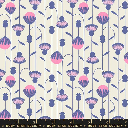 novelty flowers Backyard by Sarah Watts for Ruby Star Society Moda Fabrics  cream background pink thistle buds periwinkle stems and leaves quilt weight cotton