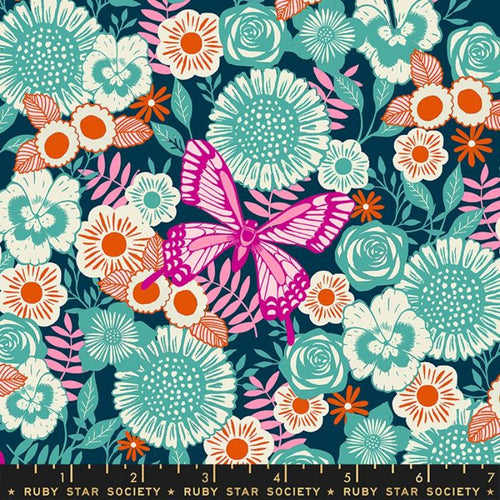 Novelty Birds Nature Animals Floral teal green berry birds tone on tone white flower pink center Backyard hot pink Butterfly Garden in Blue Green Teal by Sarah Watts for Ruby Star Society Moda Fabrics quilt weight cotton 