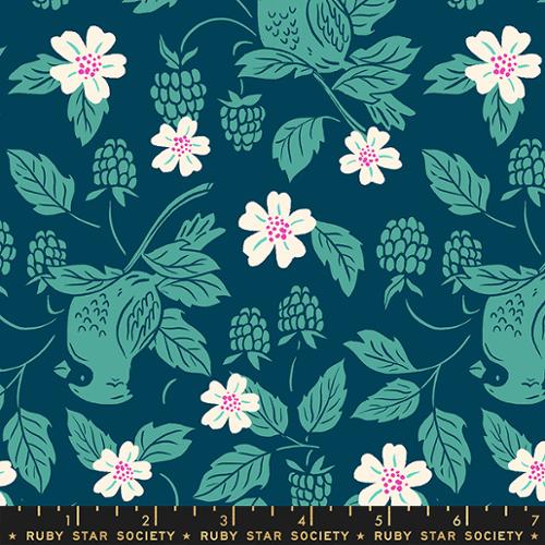 Novelty Birds Nature Animals Floral teal green berry birds tone on tone white flower pink center Backyard Cardinal in Galaxy by Sarah Watts for Ruby Star Society Moda Fabrics quilt weight cotton 