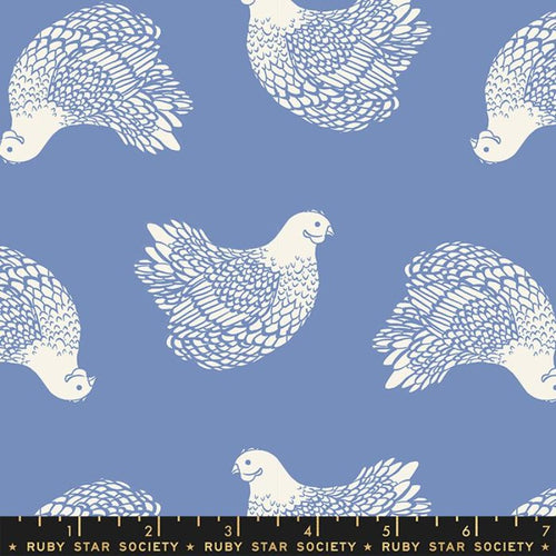 Novelty Birds Nature Animals Floral teal green berry birds tone on tone white flower pink center Backyard Chickens in Dusk blue and cream white by Sarah Watts for Ruby Star Society Moda Fabrics quilt weight cotton 
