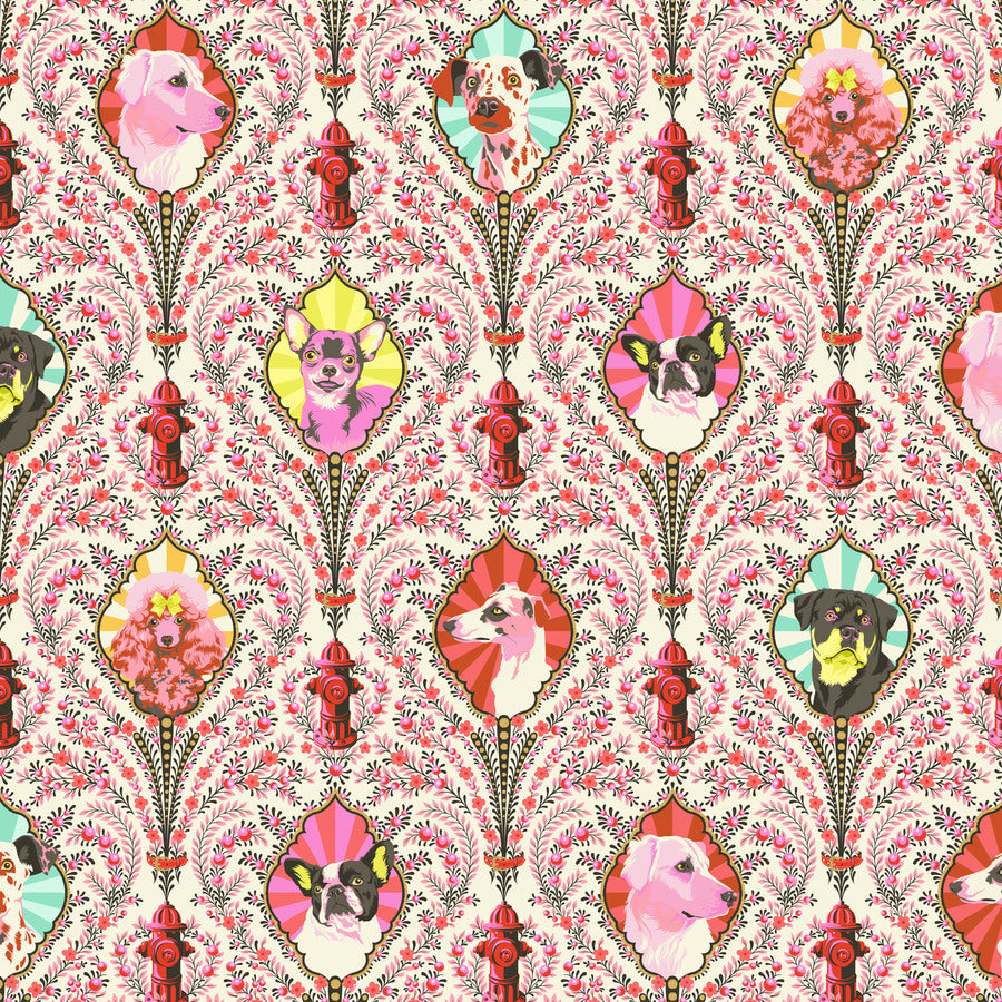 Tula Pink Besties Puppy Dog Eyes Blossom  Freespirit Fabrics quilt weight cotton small floral on cream background dog canine cameos poodle boston terrier lab dalmation mutt weinie doxie fire hydrant in red