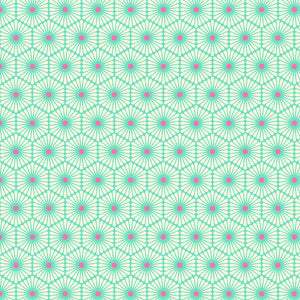 Tula Pink Besties Daisy Chain Meadow Freespirit Fabrics quilt weight cotton hexies hexagons in aqua and cream with hot pink center polka dot 