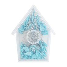 Load image into Gallery viewer, Blue bird pins in clear birdhouse box notion gift stocking stuffer quilters sewers makers
