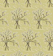 Cloud 9 organic cotton Branches Planted by Betsy Siber yellow green background jar outlines of branches and tiny white blossoms quilting fabric bags garments