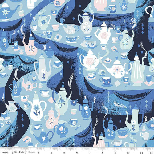 Down the Rabbit Hole Tea Party in SKY by Jill Howarth for Riley Blake Designs soft blue navy background with all shades of blue teapots and teacups with flowers and hearts white quilt cotton for quilting garments bag sewing projects 