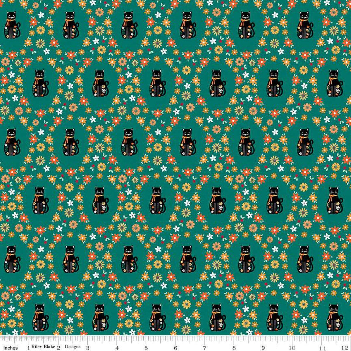 Haunted Adventure Beverly McCullough for Riley Blake Designs Halloween black cats kitties framed in ovals of flowers of yellow coral pink and white on jade green background cotton quilt weight fabric 