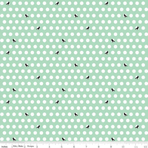 Haunted Adventure Beverly McCullough for Riley Blake Designs Halloween miniature black crows uniform white polka dota on soft caribbean green background  quilt weight fabric 