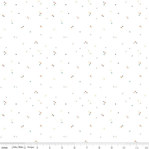 Haunted Adventure Beverly McCullough for Riley Blake Designs Halloween tossed mini stars and pindots in harvest orange and black on white low volume  cotton quilt weight fabric 