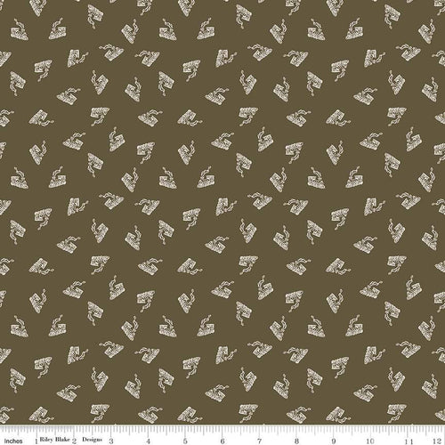 Round the Mountain All Aboard Brown tone on tone Riley Blake Designs small scattered tan trains on brown background by Casey Cometti Quilt weight quality cotton fabric