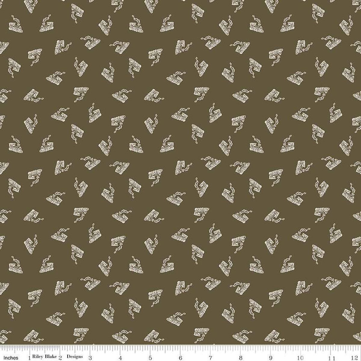 Round the Mountain All Aboard Brown tone on tone Riley Blake Designs small scattered tan trains on brown background by Casey Cometti Quilt weight quality cotton fabric