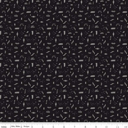 Round the Mountain Dashed Midnight Riley Blake Designs black background cream soft white signs symbols sun lines geo shapes by Casey Cometti Quilt weight quality cotton fabric