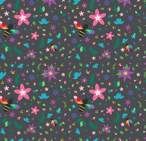 Bloom Main Charcoal Kristy Lea Quiet Play Riley Blake Designs quilt cotton dark gray rainbow ladybugs bees flowers lotus aqua green purple mushrooms scattered 