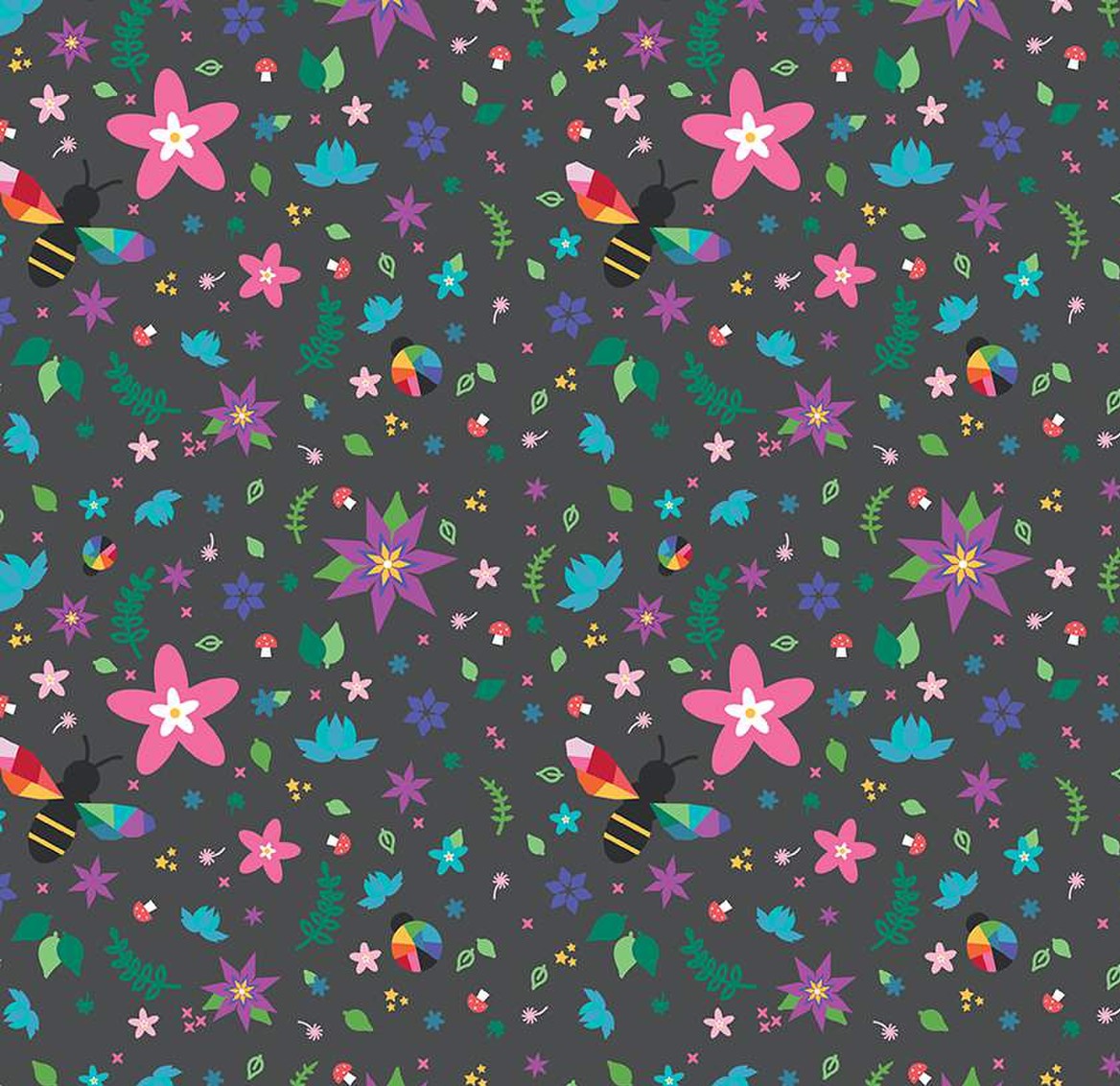 Bloom Main Charcoal Kristy Lea Quiet Play Riley Blake Designs quilt cotton dark gray rainbow ladybugs bees flowers lotus aqua green purple mushrooms scattered 