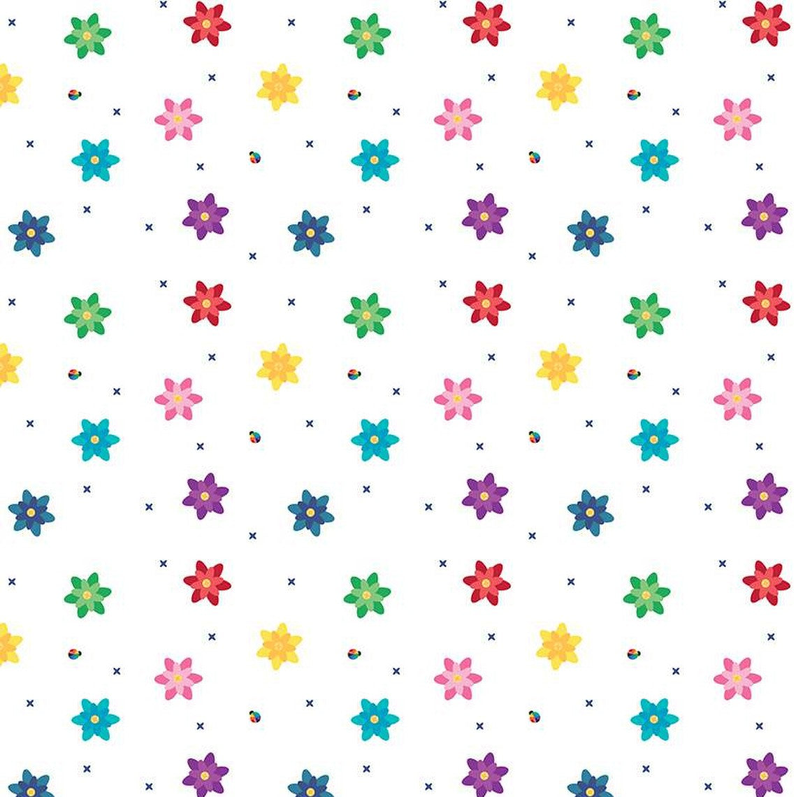 Bloom Blissful White Kristy Lea Quiet Play Riley Blake Designs quilt cotton floral rainbow red blue yellow green purple pink  flowers tiny rainbow ladybugs