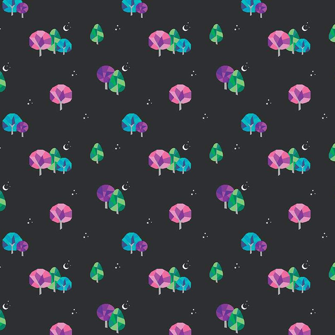 Bloom Moonlit Black Kristy Lea Quiet Play Riley Blake Designs quilt cotton various size mosaic trees pink green turquoise purple small fingernail moon stars