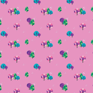 Bloom Moonlit Pink Kristy Lea Quiet Play Riley Blake Designs quilt cotton various size mosaic trees pink green turquoise purple small fingernail moon stars