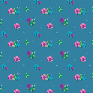 Bloom Moonlit Teal Kristy Lea Quiet Play Riley Blake Designs quilt cotton various size mosaic trees pink green turquoise purple small fingernail moon stars