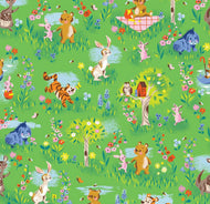 Winnie the Pooh 100 Aker Woods Rabbit Main Print by Jill Howarth characters Piglet Eeyore Tigger on bright green background with orange blue and pink flowers cotton quilt fabric Riley Blake Designs