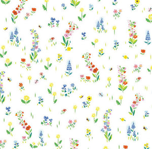 Winnie the Pooh 100 Aker Woods Picnic Meadow by Jill Howarth on white background with tiny yellow  blue and pink flowers cotton quilt fabric Riley Blake Designs