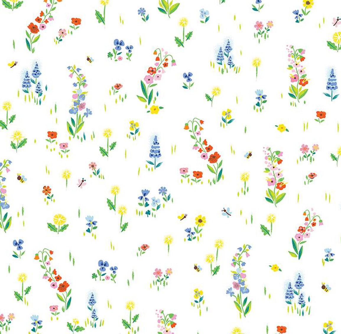 Winnie the Pooh 100 Aker Woods Picnic Meadow by Jill Howarth on white background with tiny yellow  blue and pink flowers cotton quilt fabric Riley Blake Designs