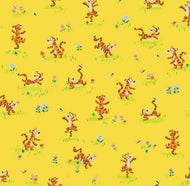 Winnie the Pooh 100 Aker Woods Tigger Bounce by Jill Howarth Yellow small Tiggers on lemon yellow background with blue and pink flowers cotton quilt fabric Riley Blake Designs