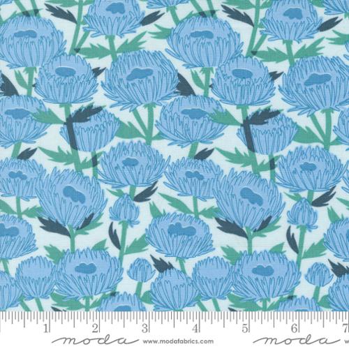 Love Letter LIzzy House Moda Fabrics quilting cotton light sky blue background with boy blue flowers Chrysanthemums mums and medium blue center floral