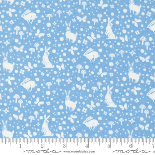 Love Letter LIzzy House Moda Fabrics quilting cotton soft sky blue background with small white rabbits butterflies mushrooms and various sizes of polka dots