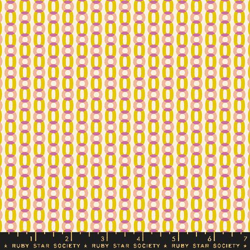 Novelty Salutations Rashida Coleman Hale Ruby Star Society Moda Fabrics Cotton Quilt garment bags parchment cream background lines of linked chains in baby poop yellow golden brown musterd ovals and circles golden hour purply pink rose pink links in lines rows and rows forever no can unlink only if a twink d'oh n'oh duntdunt bundt bundt nothing butt doopie doo poopie doo fie doo gooey doo 1010 no last just me and the proph-a-see seer sea ser sae xx no o I go