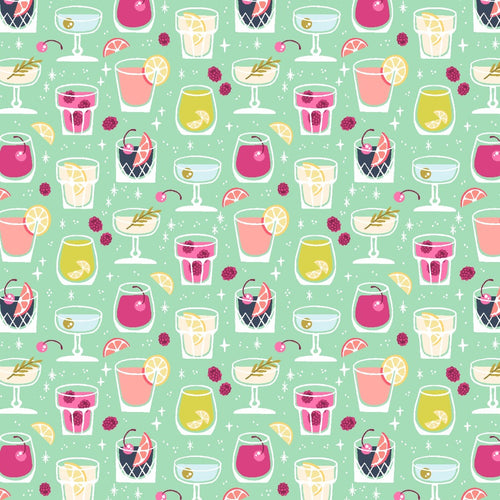 Cotton + Steel Colors and Cravings Cocktail Hour Best Day Ever retro party fun cocktail glasses and raspberries on soft 30's green background 