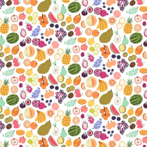 Cotton + Steel Summer Fruit Rainbow Digiprint fabric white background hot pink lime green yellow and white quilts bags clothing