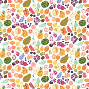 Cotton + Steel Summer Fruit Rainbow Digiprint fabric white background hot pink lime green yellow and white quilts bags clothing