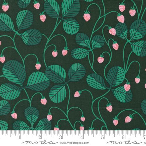 Love Letter LIzzy House Moda Fabrics quilting cotton hunter green background with darker green leaves and a dark outline and small pink strawberries 