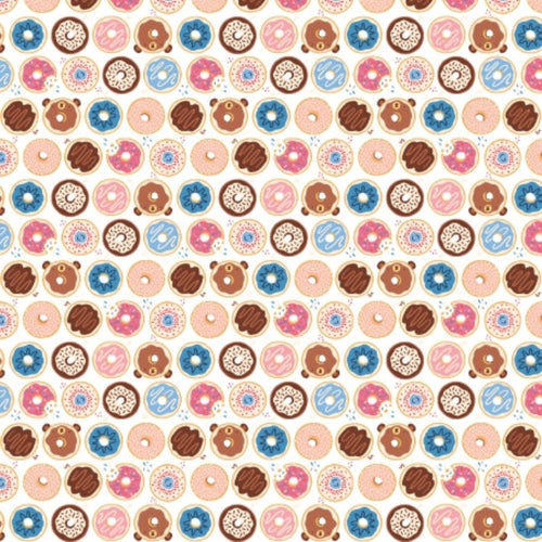Mini Market by Beth Gray for Cotton and Steel Fabrics Doughlightful in Sugary Pink Blue and Brown doughnuts on cream background densely clustered novelty retro fabric food snacks quilt weight cotton