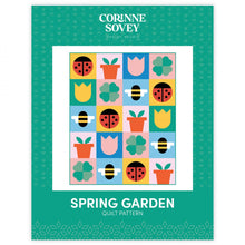 Load image into Gallery viewer, Spring Garden Quilt Pattern traditional curved templet piecing applique ladybugs tulips potted plants clovers bees fat quarter friendly modern happy
