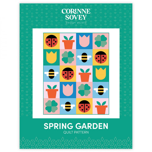 Spring Garden Quilt Pattern traditional curved templet piecing applique ladybugs tulips potted plants clovers bees fat quarter friendly modern happy