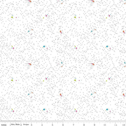 Colour Wall Dots in White Sue Daley Designs for Riley Blake fabrics white background tiny black dots and larger multi-colored dots in aqua pink yellow green basic cotton quilt garment sewing fabric