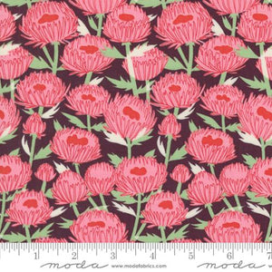 Love Letter LIzzy House Moda Fabrics quilting cotton merlot maroon vermillion background with deep rose pink flowers Chrysanthemums mums and orangish red center floral