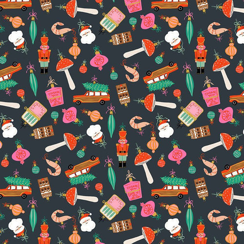 Holly Jolly by Dear Stella cotton quilt fabric Christmas Holiday Vintage Retro style charcoal background mint green pink red ice skaters sleds village trees woody station wagon ornaments santa clause mushrooms
