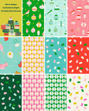 Load image into Gallery viewer, Merry Happy fat quarter bundle by Kimberly Kight for Ruby Star Society. Bright red green pink aqua turquoise gold Christmas ornaments wreaths candy canes 
