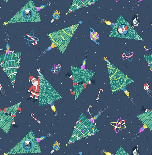 Dear Stella Fabric Elf This quilt bags garments christmas holiday winter navy blue background candy cane atom like stars spinnrs christmas tree rockets santa in porthold snow sprinkles