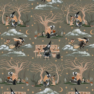 Dear Stella Fabrics Rae Ritchie Designs Forager in Clover possums and forest animals bare trees moon stars mushrooms reading lit quilting cotton